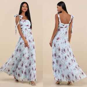 Lulus Gorgeous Purpose Blue Floral Pleated Sleeveless Bow Maxi Dress Size XS NWT